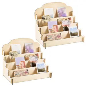 Barydat 2 Pcs 4 Tier Greeting Card Display Stand Wooden Sticker Display Stand Portable Card Display Rack for Vendors Retail Counter Table Display Trade Shows Showcase (Wood Color,15.8 Inch)