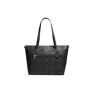 COACH Gallery 32 Zip Top Tote Bag for Women – Monogram Canvas with Leather Trim, Black