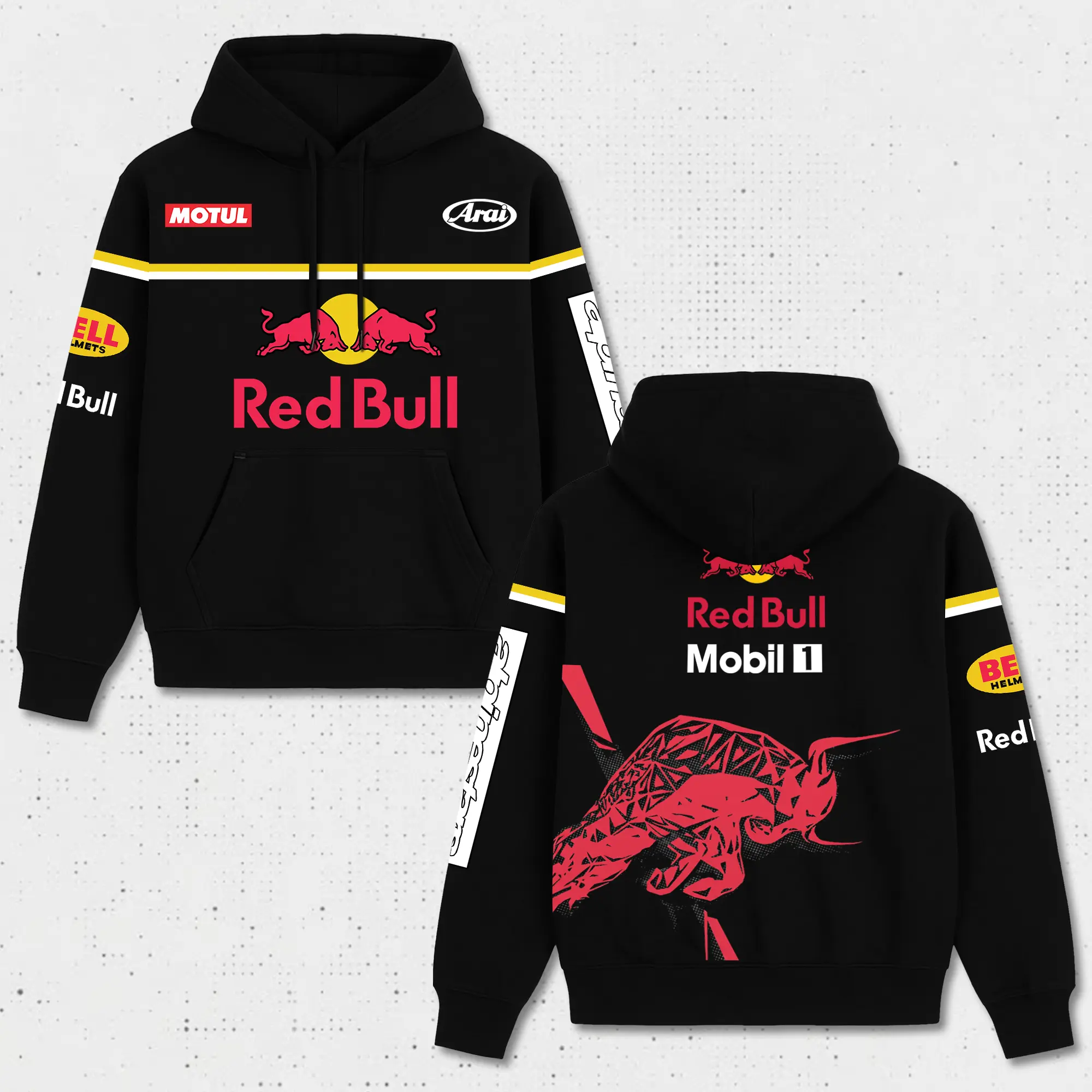 Red Racing Hoodie Gildan, Mobil 1 Motul Arai Pullover Sweatshirt, Bell Helmets Top, Geometric Bull Logo Graphic Apparel, Vintage Formula Motorsport Outerwear, Men Women Long Sleeve Heavyweight Oversized Black Clothing