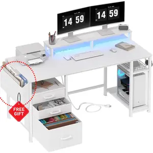 Lufeiya White Computer Desk with File Drawers Cabinet, 55 Inch Home Office Desk with Monitor Stand Shelves, Writing Study Gaming Desks with Led Lights and Power Outlets for Bedroom, White Adjustable Work Table, Get Free Gift