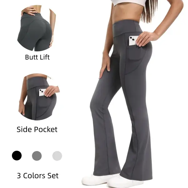 High Waist Flared Leggings 3-Piece Set - Butt Lifting Yoga Pants with Side Pockets, Stretchable Athletic Trousers for Women, Ideal for Gym, Dance & Daily Wear, Available in Two Curated Color Combo Options Activewear