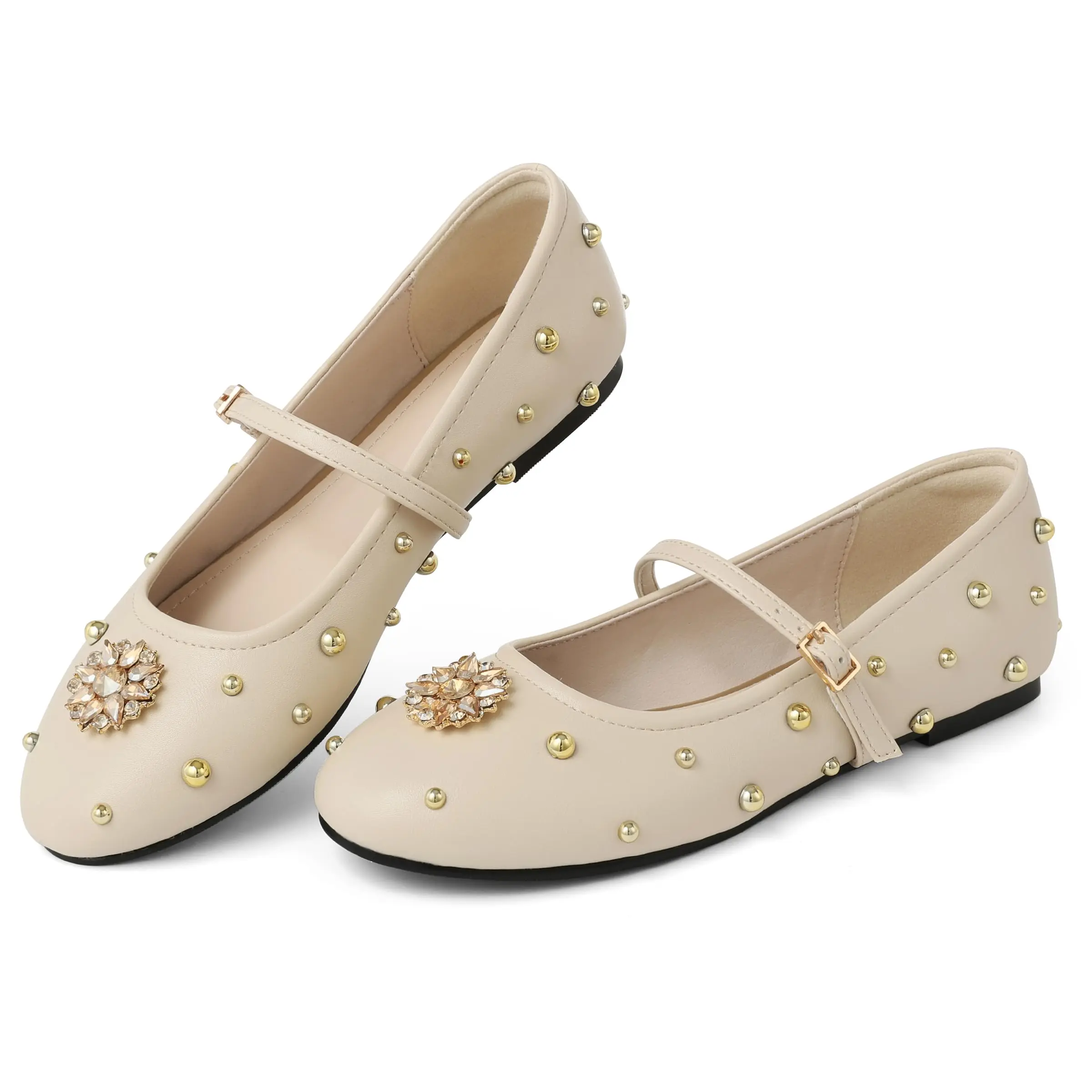 CYNLLIO Studded Ballet Flats Shoes for Women Round Toe Buckle Strap Mary Jane Flats Rhinestone Ballerina Flats for Women Dressy Comfortable Shoes  Summer