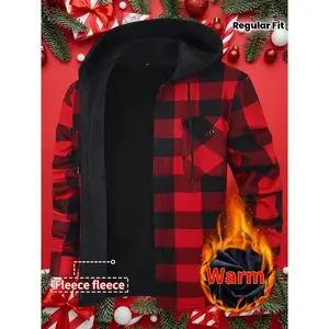 Men's Winter Hooded Plaid Jacket Coat - Thickened Flannel Lining, Red/Black/White/Gray Checkered Button-Front, Collar, Loose Fit Long Sleeve Shirt Coat for Outdoor & Casual Wear (European Sizing)