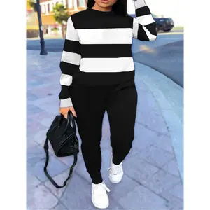 Fashion Striped Long Sleeve Pullover + Solid Joggers Set - Soft Loungewear for Women, Casual Streetwear Suit
