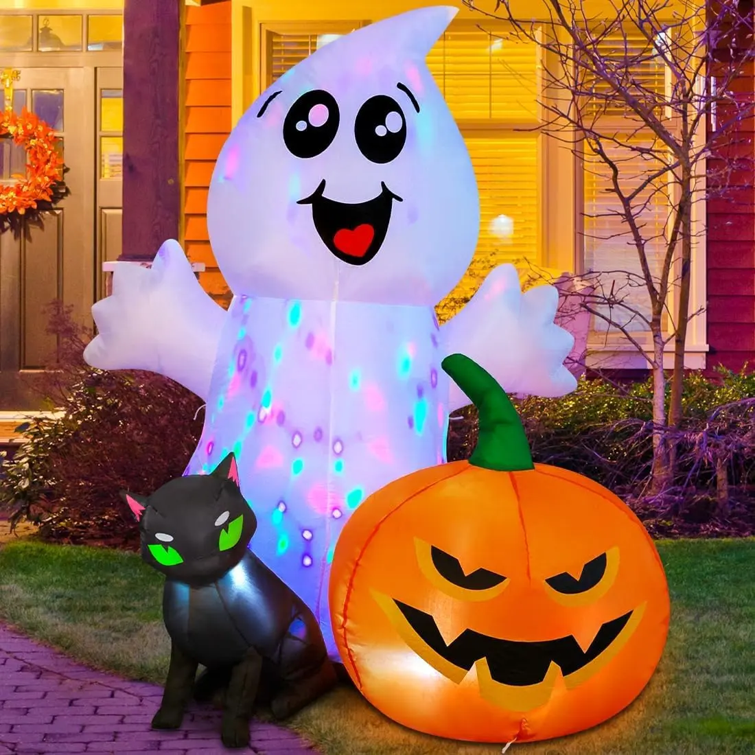5FT Halloween Inflatable Ghost with Black Cat and Pumpkin, Built In LED Lights, Waterproof Blow Up Yard Decoration for Lawn, Garden, Porch and Party