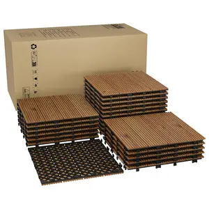 22 PCS Interlocking Deck Tiles, 12"X12" Solid Acacia Wood Flooring for Outdoor & Indoor, All Weather Waterproof Snap Together Patio Tiles for Balcony, Poolside, Deck,Brown