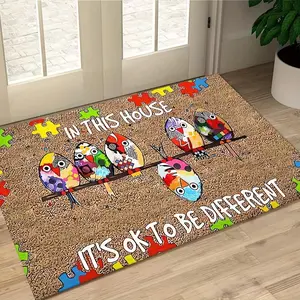 Colorful Autism Awareness Charming Bird Doormat – Non-Slip, Machine Washable Polyester Mat with Puzzle Piece Design for Home, Entryway, Bedroom, or Balcony Decor, Autism Decor