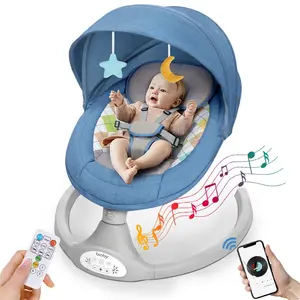 COMOMY Baby Swing for Infants with 5 Natural Sway Speeds, Portable Bt Music Baby Swing with Remote Control & 5-Point Harness, Hands-Free Baby Soother, Lightweight Baby Rocker for 5-20 Lb, 0-6 Months, Blue, Valentine's Day
