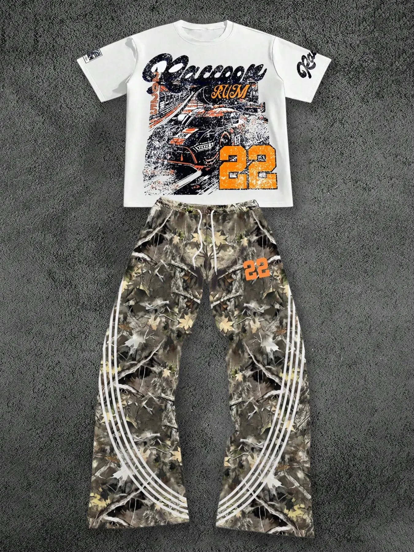 Retro 22 pattern T-shirt, camouflage streetwear, comfortable two-piece sportswear, Y2K aesthetics, men's casual summer wear, TikTok fashion camouflage fashion, retro racing print, loose camouflage pants, essential for streetwear, Outfit