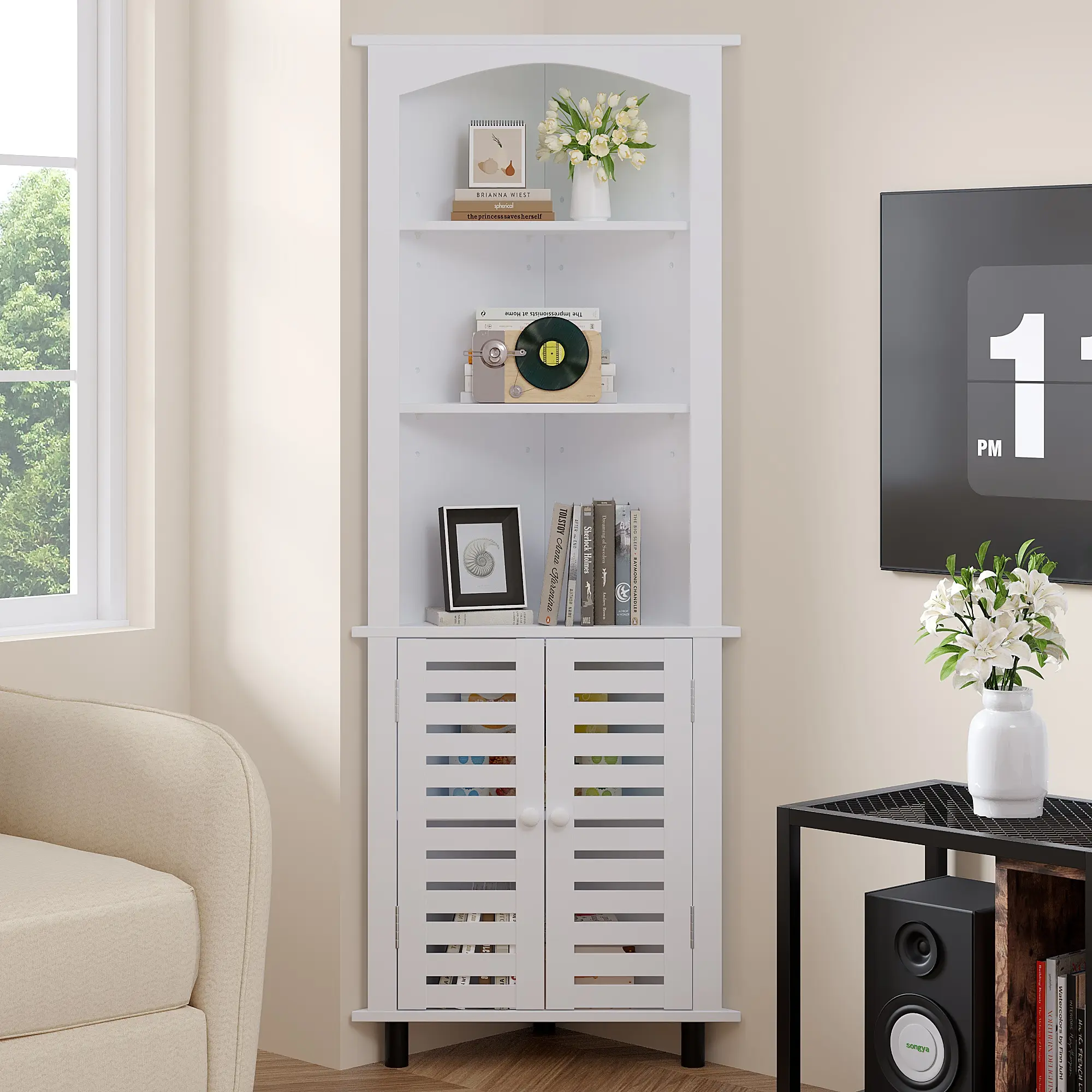 VECELO Corner Cabinet, Freestanding Corner Bookcase Bookshelf With Cabinet Doors And Adjustable Shelves, Space-Saving Corner Pantry Cabinet Display Shelf For Living Room, Kitchen, Bathroom Or Laundry Room