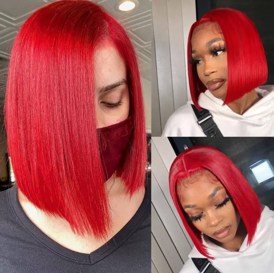 AMZHAIR Bug Color Gluless Wigs 13x4 Lace Frontal Short Bob Wigs Human Hair Virgin Raw Vietnamese Hair Red Color 180% Density Silky Bone Straight Human Hair Wigs for Black Women