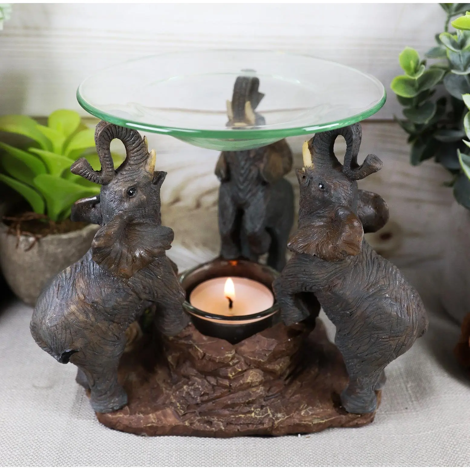 Ebros Elephant Trio Composite Resin Glass Oil Warmer Statue - Fragrance Candle Wax Tart Burner, Scent Freshener, Light-Up Home Decor Aroma Diffuser Gift Figurine