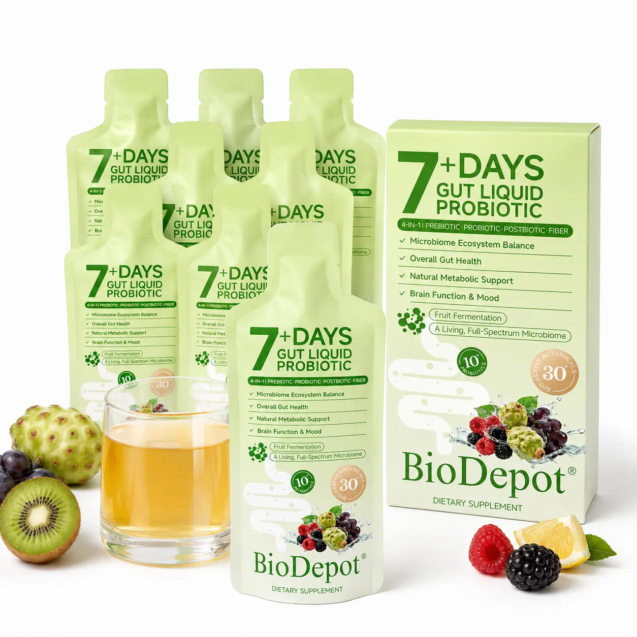BioDepot Edible Vegan Raspberry Sugar-Free Liquid Probiotics 7-Day Reset Daily Dietary Drink - Gut Health Wellness Shots with Prebiotics, Postbiotics, Dietary Fiber