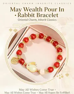 New Chinese-style jade rabbit bracelet for women, wishing for abundant wealth! Oriental charm, classic design, Chinese style, adorned with red beads and gold trim. A unique, high-value design perfect for students, best friends, or birthdays. constellation