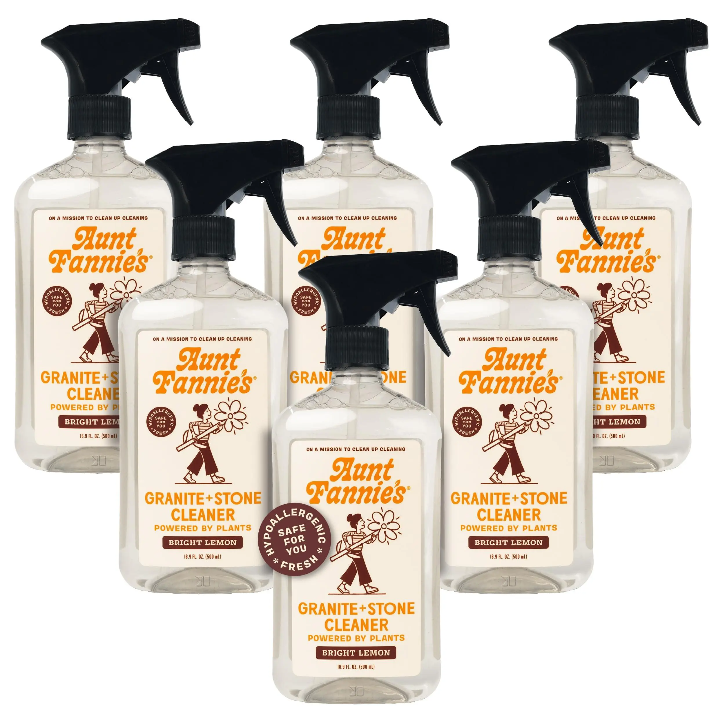 Aunt Fannie's Granite and Stone Cleaner, Plant Based Spray for Granite, Stone, Marble, Soapstone, Quartz, Slate, Bright Lemon Scent, Pack of 6