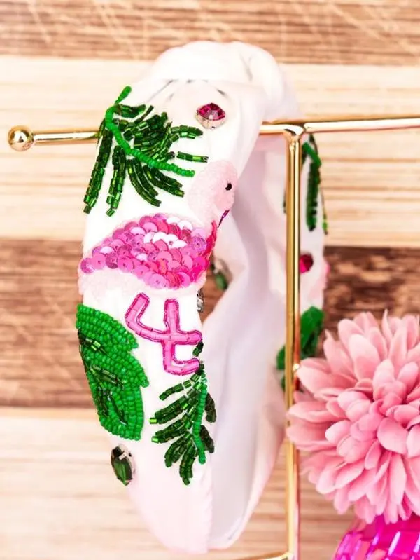 Flamingo Embellished White Fabric Knotted Headband