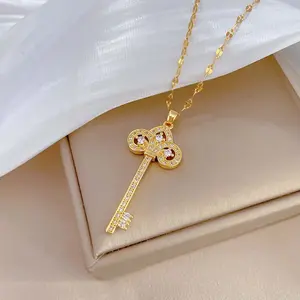 Zircon crown key necklace golden ripple chain female jewelry, holiday gift daily match