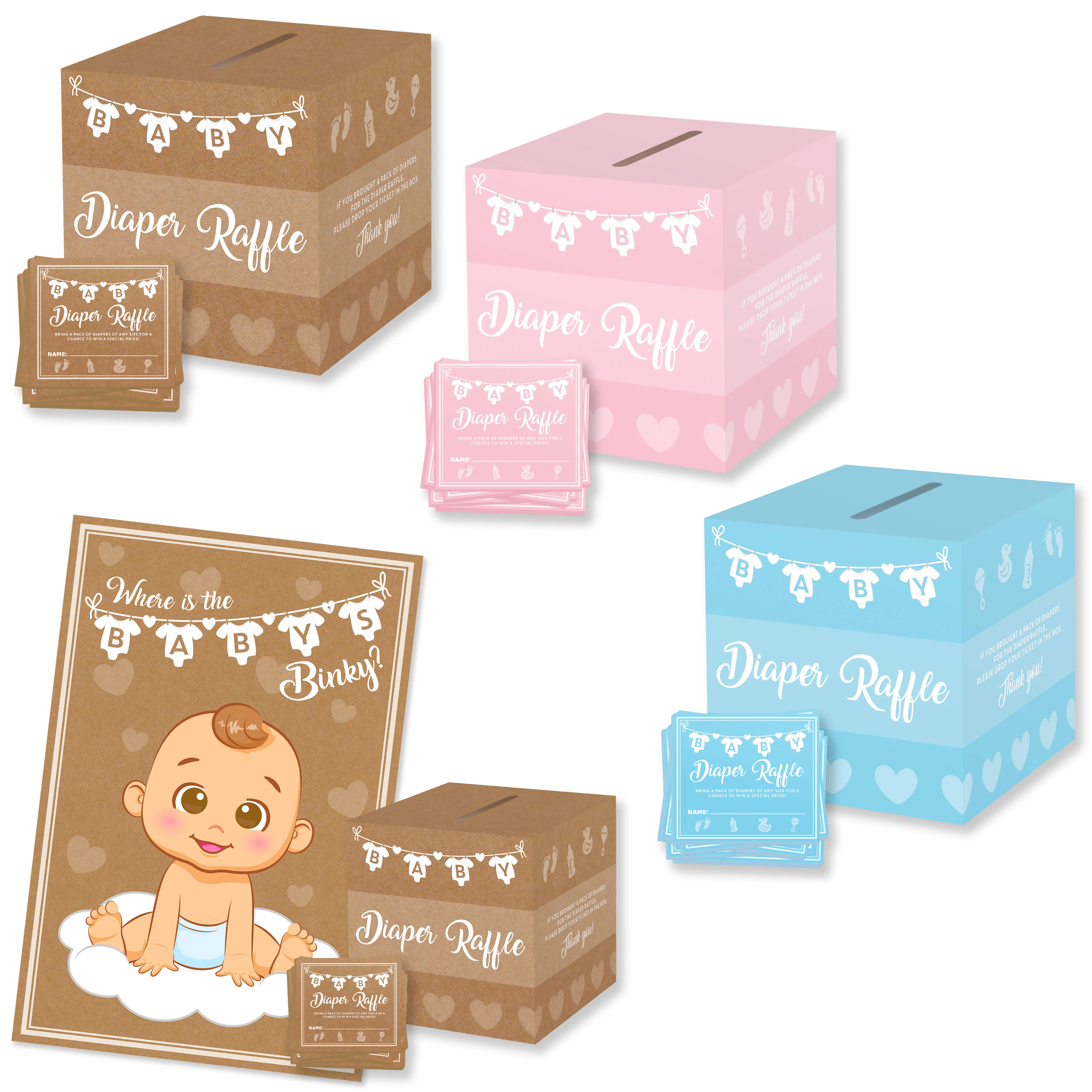 Party Hearty Kraft Diaper Raffle Set - 50 Tickets, Ticket Cards Box, Baby Shower Games, Decorations, Raffle Prizes (Blue, Pink or Combo), Diaper Raffle - Kraft