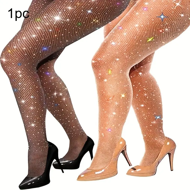1 Pair Women's Sexy Shiny Pantyhose Fishnet Stockings High-stretch and High-Waisted Rhinestone Tight Fishnet Bodystocking for Party and Costume