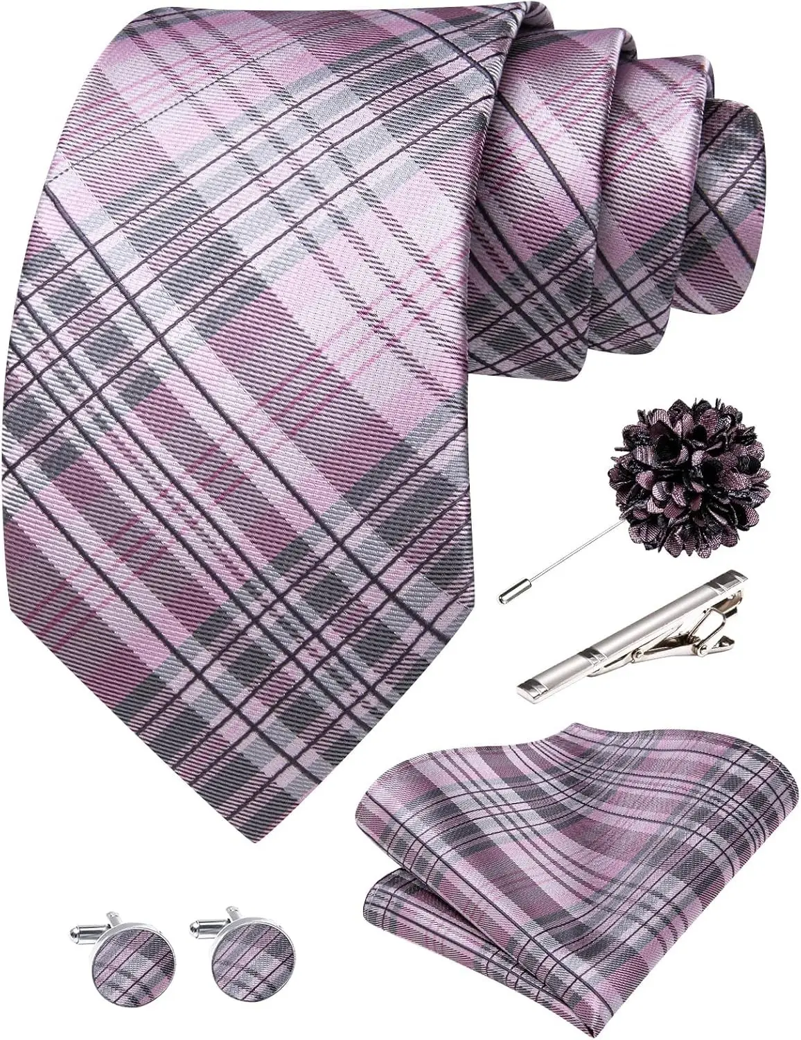 Dubulle 63 inches Extra Long Ties for Big and Tall Men Mens Necktie and Lapel Pin Clips Handkerchief Cufflinks Business