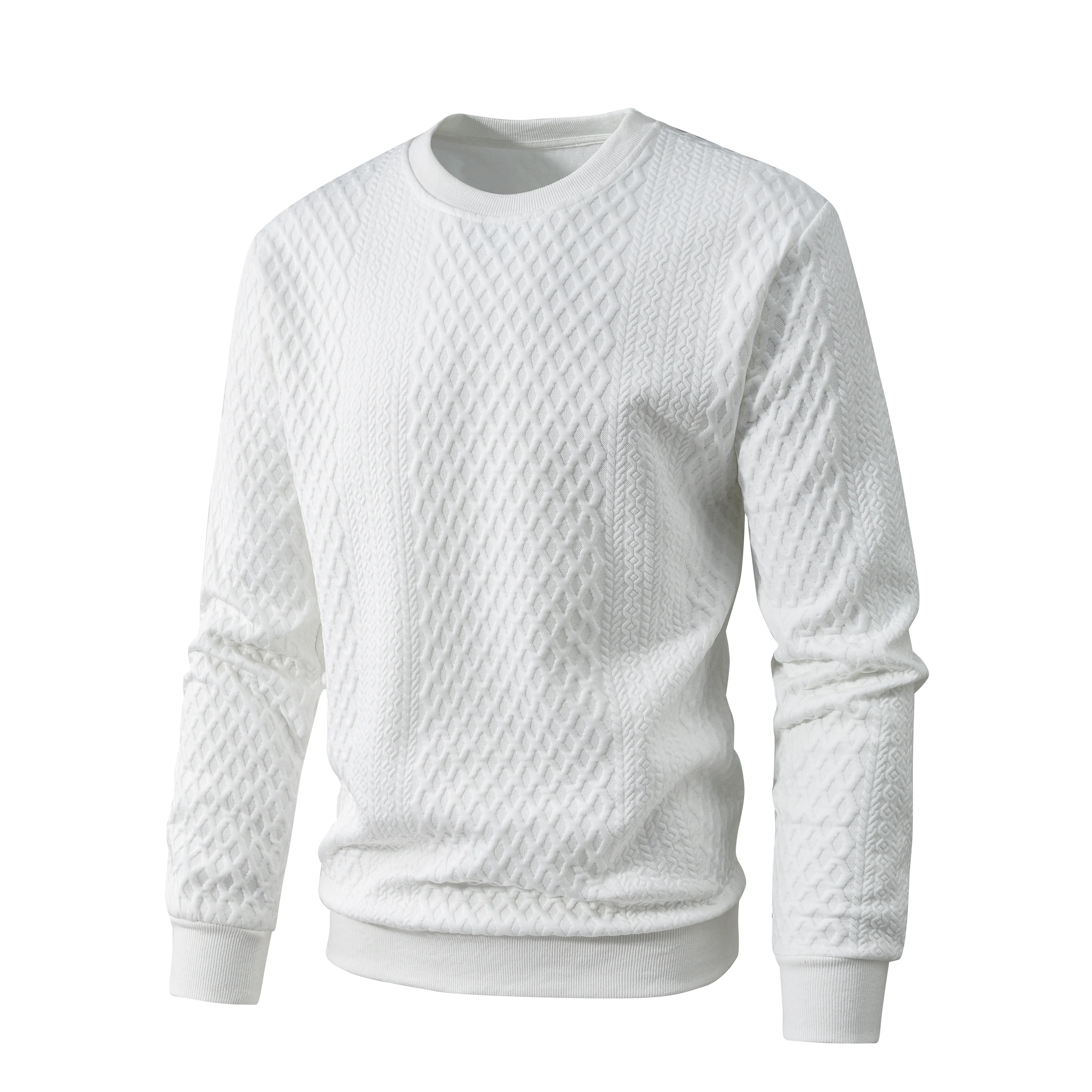Men's Diamond Jacquard Round Neck Crewneck Sweatshirt - Menswear Tops, Stylish Textured Solid Color, Loose-Fit Casual Long-Sleeve Pullover for Everyday Home Wear & Outings