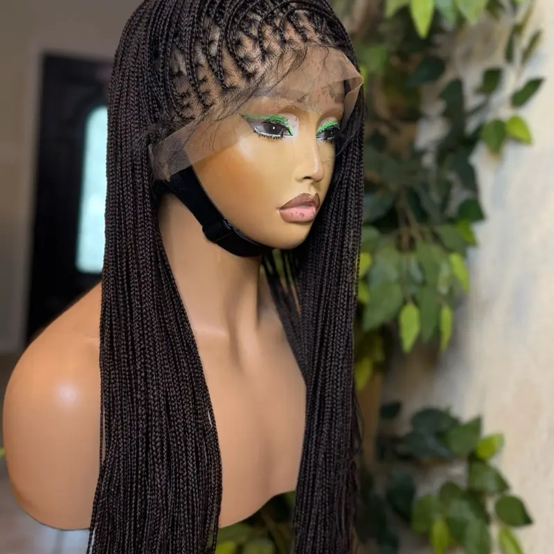 micro knotless synthetic braids in chocolate brown. made with 360 full premium blend lace with human hair baby. for all occasions. Medium: Cap size :21.5 – 22.5”