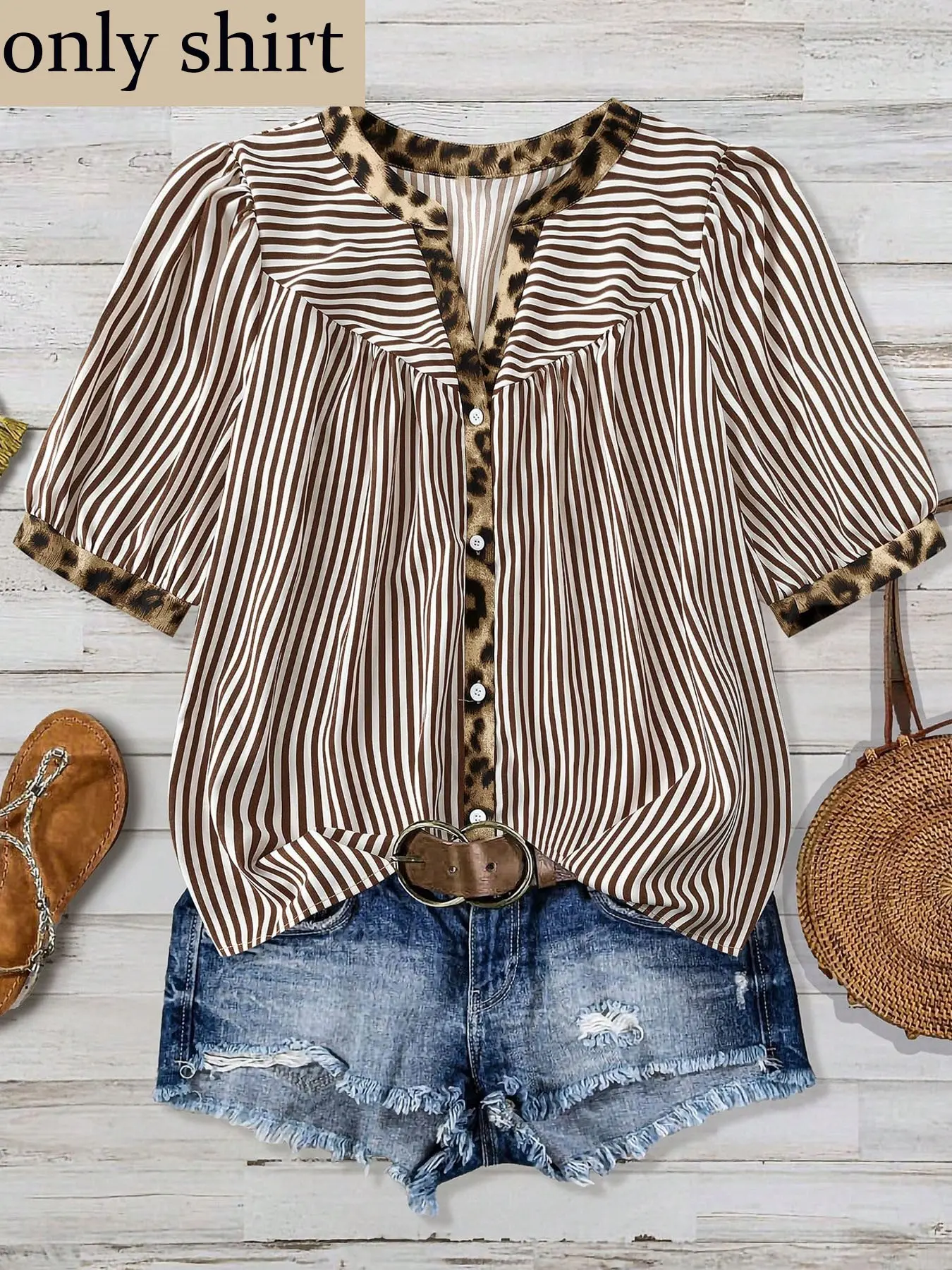 Plus Size Striped Leopard Patchwork Notched Neck Blouse, Casual Loose Shirt, Bubble Sleeve Top, Casual Summer Wear, Ideal for Daily Wear, Office, Date and Travel, Casual Daily Tops