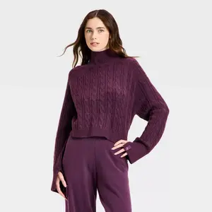 Women's Mock Neck Cable Knit Sweater - JoyLab Plum Purple XL