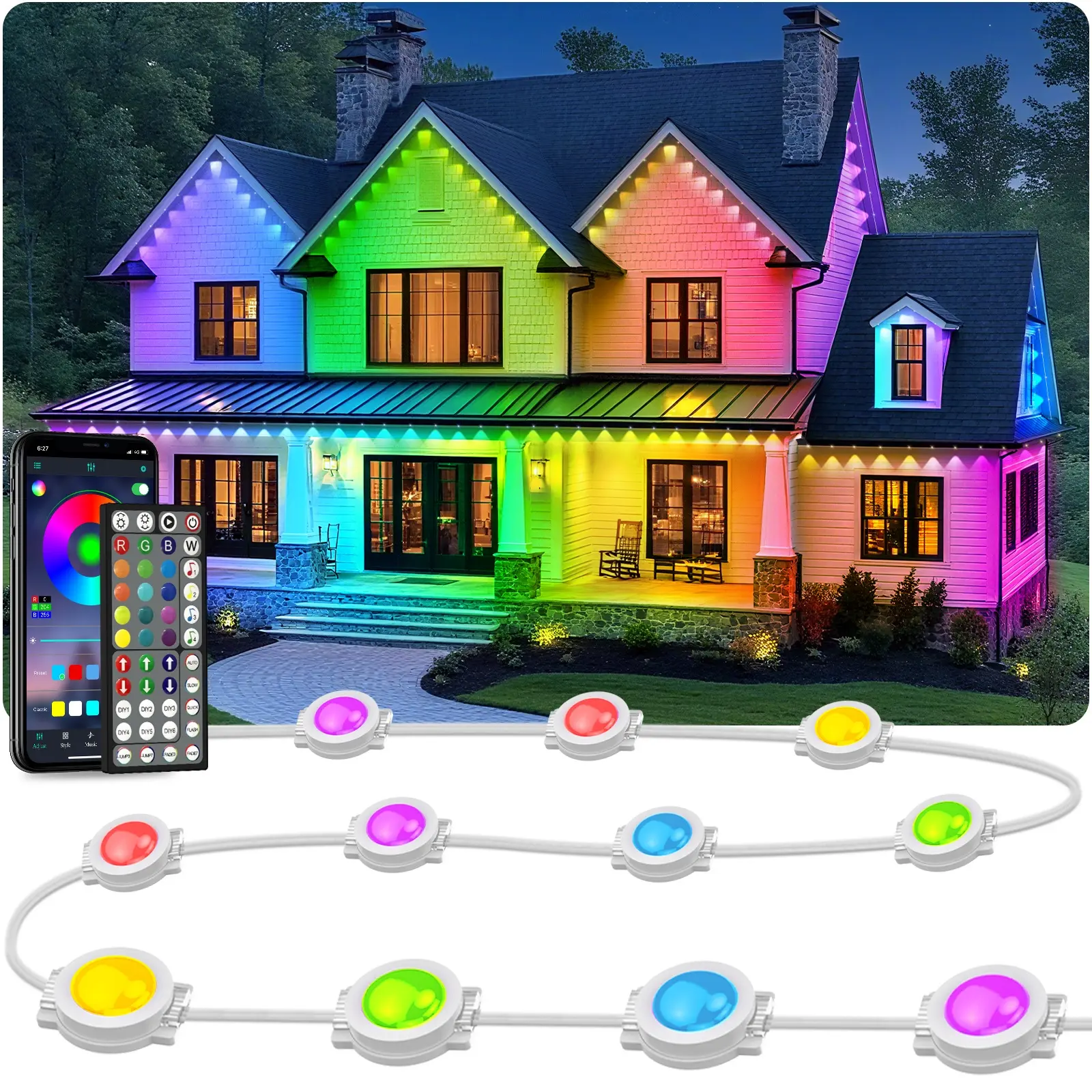 Permanent Outdoor RGB Lights - IP67 Waterproof with Smart App Control Remote, DIY Scene Modes, Music Synchronization, Eaves Lights for Garden Decor, Deck, Christmas