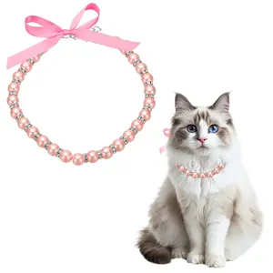 PETAXCELL Cat Collar Pearl Necklace, 15 Inch Dog Pearl Necklace Collar, Pets Jewelry Accessories with Ribbon Bow, (Pink, L), Intended for Puppies/Small Dogs Cats/Clothes
