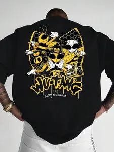 Men's Casual Round Neck Short Sleeve Knit Tee, Cartoon Bee Print Design Fashion Top, Comfortable Daily Wear for Streetwear & Campus Style