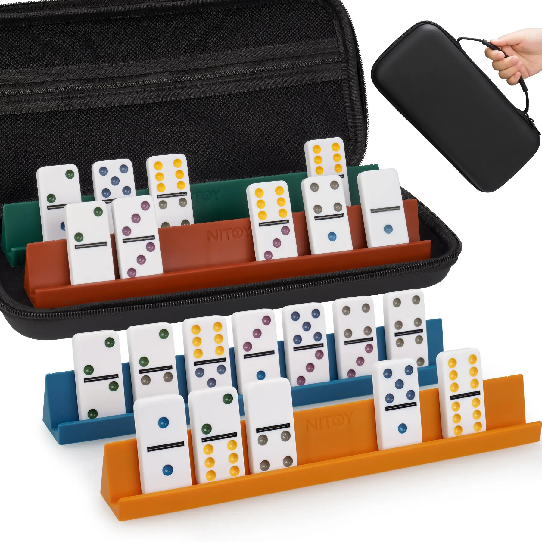 Double 6 Domino Set for Adults - 28 Tiles (2x1x0.28 in), 4 Silicone Racks (10x1.18x1.18 in), Portable Case Included, Classic Family Fun Game for Game Nights & Travel