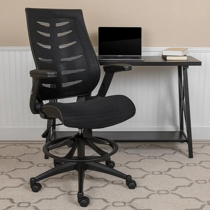 Flash Furniture BL-ZP-809D-BK-GG High Back Black Mesh Spine Back Ergonomic Drafting Chair with Adjustable Foot Ring & Adjustable Flip Up Arms