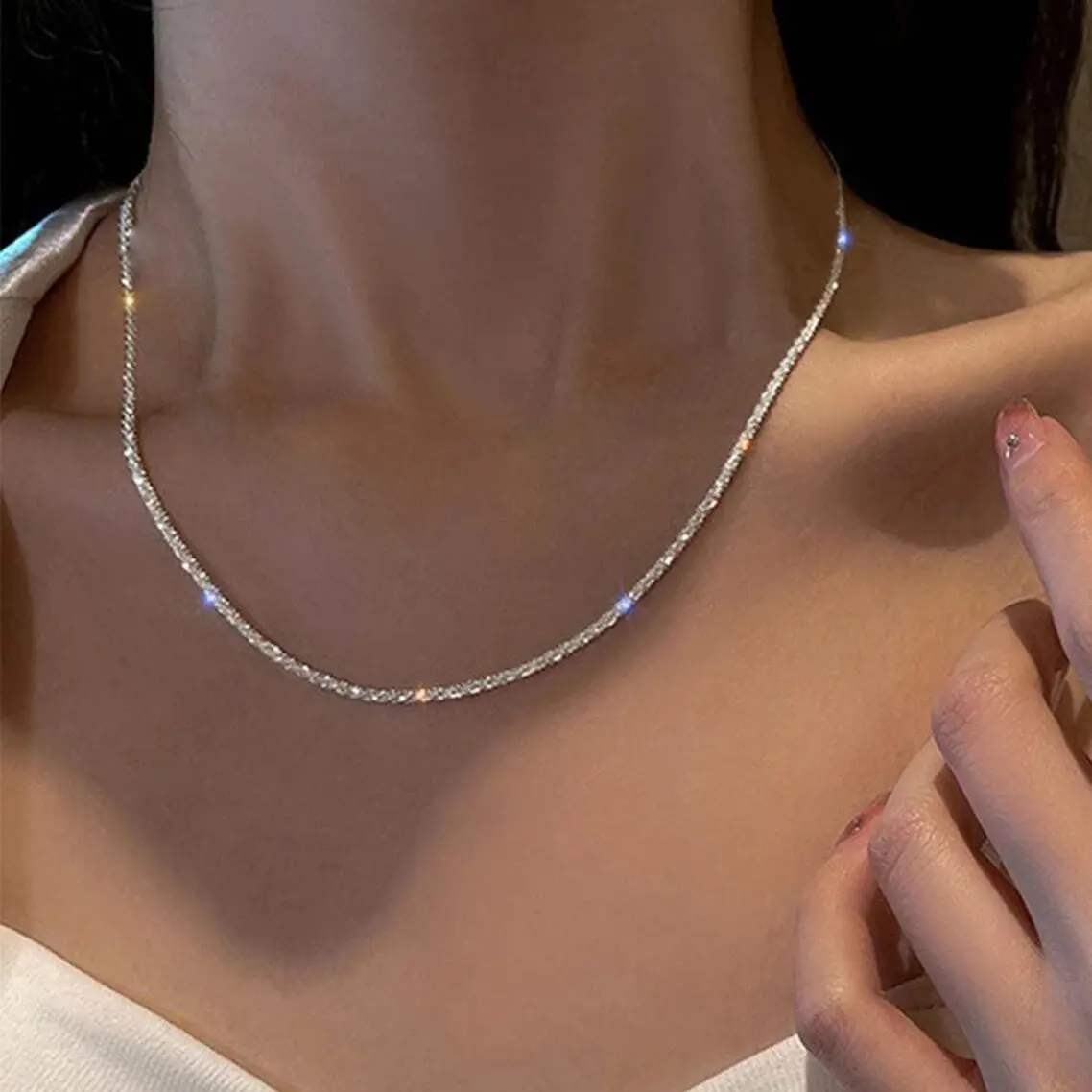 Women's 14K Gold Plated Chevron Necklace, Delicate Fashionable Double Snake Chain, Sparkling Women's Jewelry Necklace