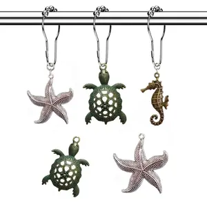 12pcs Shower Curtain Hooks Rings, Starfish Seahorse Turtle Decorative Bath Room Accessory Set, Creative Ocean Themed Bathroom Décor