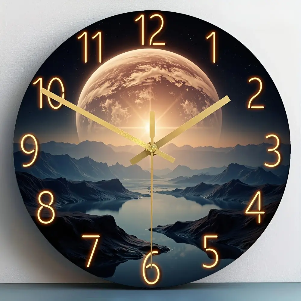 Acrylic mirror-printed wall clock, Led mirror clock, Clocks for living room, featuring a sunrise theme design, Suitable for home decoration, office decoration, birthday gifts, housewarming gifts, Decorative Wall Clock, Living Room Wall Clock