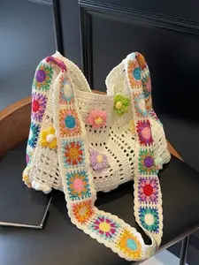 Ladies' daily fashionable bohemian style crossbody bag, Boho Style Crossbody, retro hollowed out floral contrasting shoulder bag, Fringe Hobo Bag, random floral pattern, Crossbody Crochet Bags, Stylish Crossbody