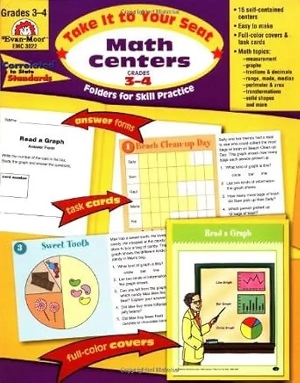 Take It to Your Seat Self-Contained Math Centers Workbook - Grades 3-4 Math Practice Learning Materials for Education & Schooling, 15 Centers