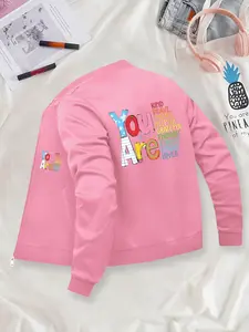 Kids' Letter Printed Bomber Jacket - Zip-Up Casual Jacket, Stand Collar, Polyester Knit Fabric, Fitted Design, Pocket Detail, Suitable for Autumn & Winter.