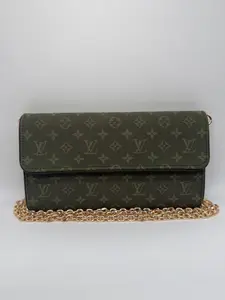 Pre-owned Louis Vuitton Mini Lin Denim Small Leather Goods Khaki Green Monogram Mini Lin Canvas Porte Tresor International Wallet on Chain