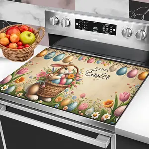 1pc 2D Flat Stove Cover Protector, Easter, Easter Bunny with Basket of Eggs and Spring Flowers Pattern, Easy to Clean for Kitchen, Washing Machine, Dryer, Stovetop Panel Protector