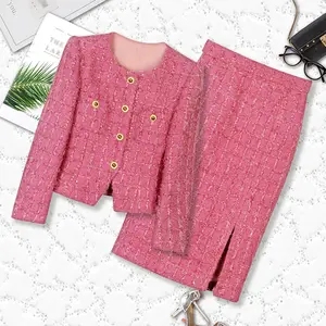 Fashionable high-end socialite rose red round neck long sleeved jacket with slit over knee skirt set