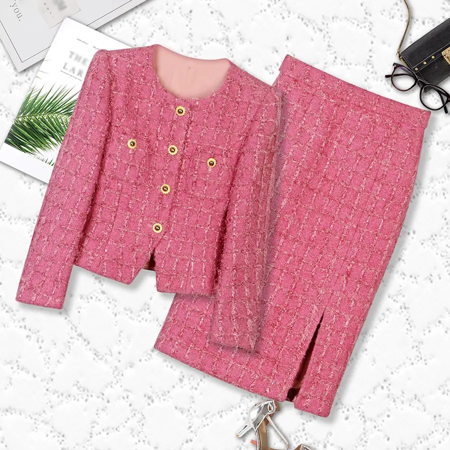 Lady's 2-Piece Wool Blend Outfit - Rose Red Button-Front Crew Neck Jacket with Full Sleeves & Fitted Checkered Plaid Over-Knee Slit Skirt, Below The Knee, Buttons, Do Not Bleach, Color-Sorted Wash, Cool Iron, Dry Clean, Elegant, Evening, Normal Type