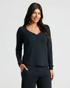 True Classic Women’s Waffle Long Sleeve Boxy Henley – Soft Stretch Thermal Top for Everyday Comfort, Casual Wear, Layering, or Women’s Cozy Wardrobe Essentials