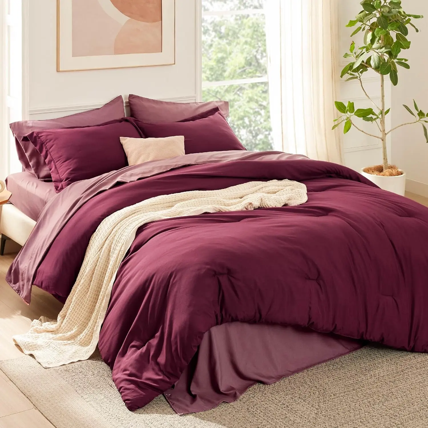 7-Piece Full Size Burgundy Quilted Polyester Microfiber Bed Comforter Set - Comforter, Pillowcases, Shams, Durable Soft All-Season Bedding with Boho Contrasting Color Bag, Machine Washable