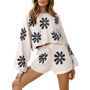 Ekouaer Women Daisy 2 Piece Lounge Set Pajamas Set Top and Shorts Casual Outfits Loungewear Nightwear Fashion Knit Girl