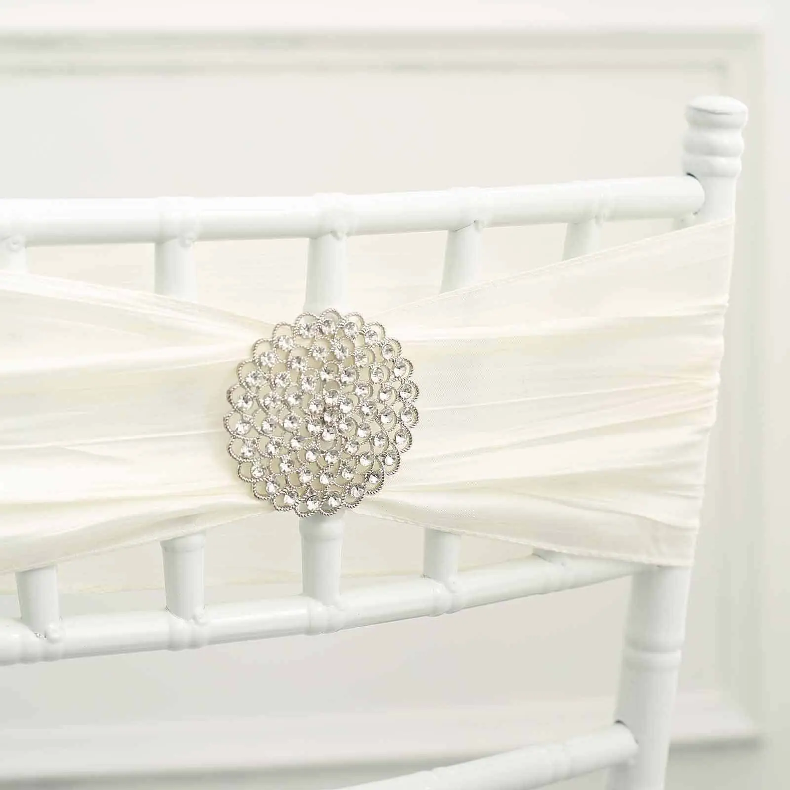 Rhinestone Metal Flower Chair Sash Band Buckle 3" Silver - Diamond Bow Pin