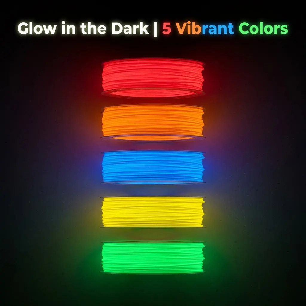 Glowing 3D Printing Filament Kit 5 Colors X 5m, 1.75mm Universal Replacement, Glow Brightly, Suitable for Kids and Adults Small Creations