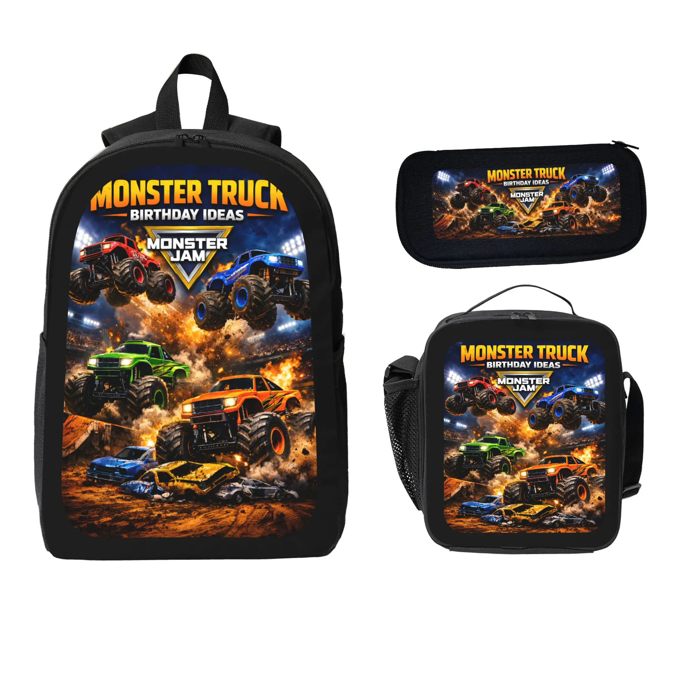 Monster Jam 3-Pcs Polyester Backpack Set Large Capacity Lightweight Backpack Lunch Bag Pencil Case with Monster Truck Print Back to School Travel Gift for Kids Students
