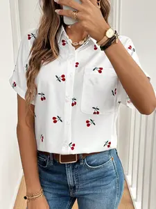 A women's white short-sleeve casual button down shirt with cherry prints, featuring a fresh and sweet casual style, perfect for relaxed and enjoyable casual settings like daily street strolls, coffee afternoon tea, or weekend gatherings with girlfriends.